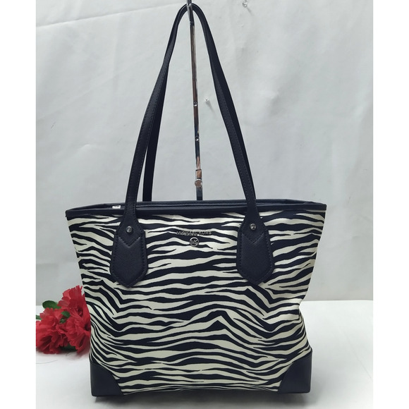 Michael Kors Black Nylon Zebra Printed Double Handles Tote Bags - Picture 1 of 15